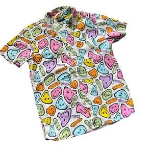 VTG aLab Mens Small Smiley Face Print Short Sleeve Button Up Shirt Funky Novelty